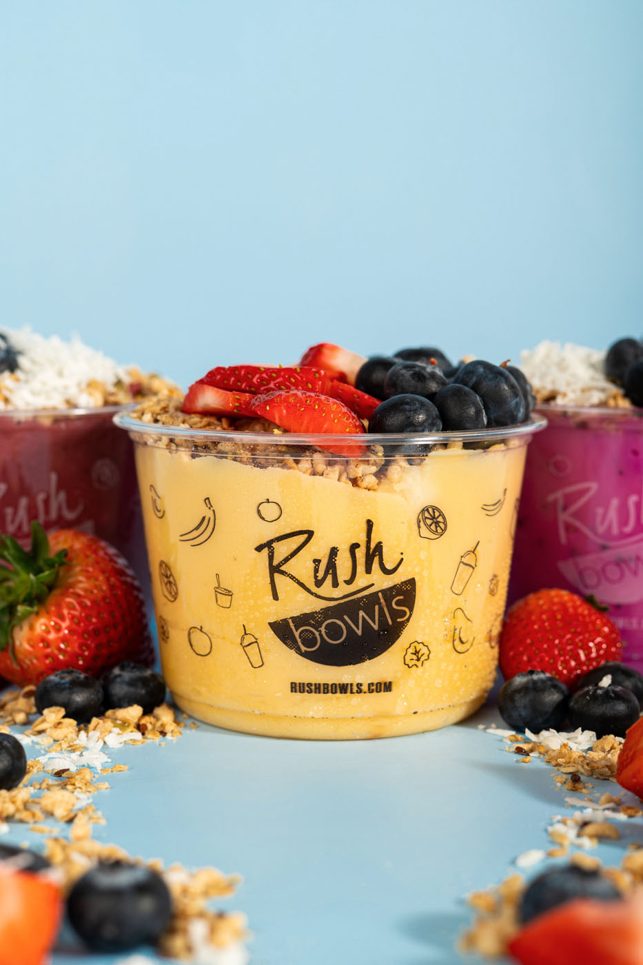 A mango smoothie bowl made by Rush Bowls for our signature smoothie bowl catering in Oakland, CA.